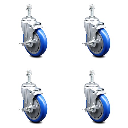 Service Caster 5 Inch Blue Polyurethane Swivel 3/8 Inch Threaded Stem Caster Set with Brake SCC-TS20S514-PPUB-BLUE-TLB-381615-4